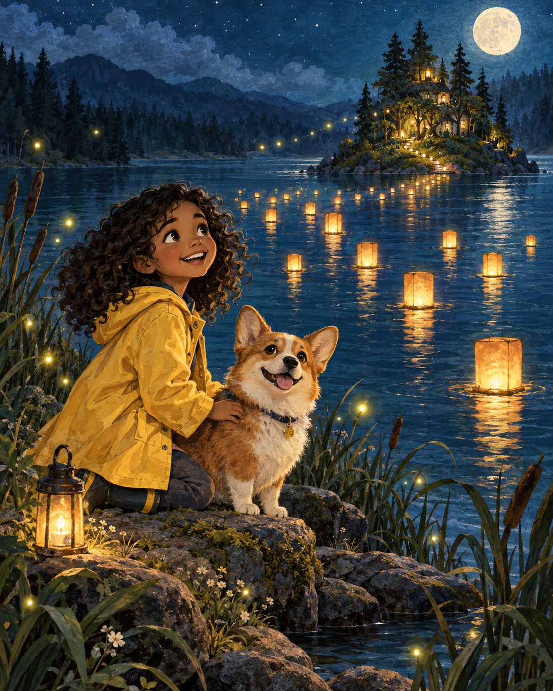 Fictional storybook sample of a girl and corgi beside a moonlit lantern lake
