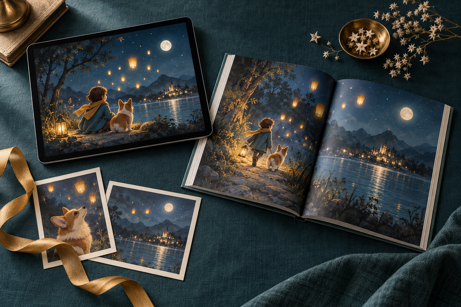 Presentation mockup of a fictional digital storybook shown on a tablet and in printed form